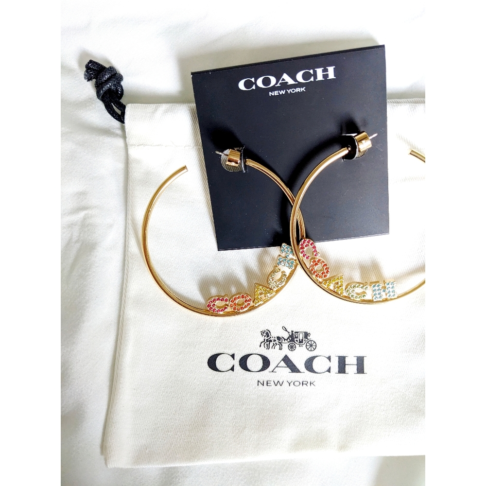 NWT, Coach Gold, & RAINBOW Multicolor Hoop Earrings 2¼" - Picture 8 of 12